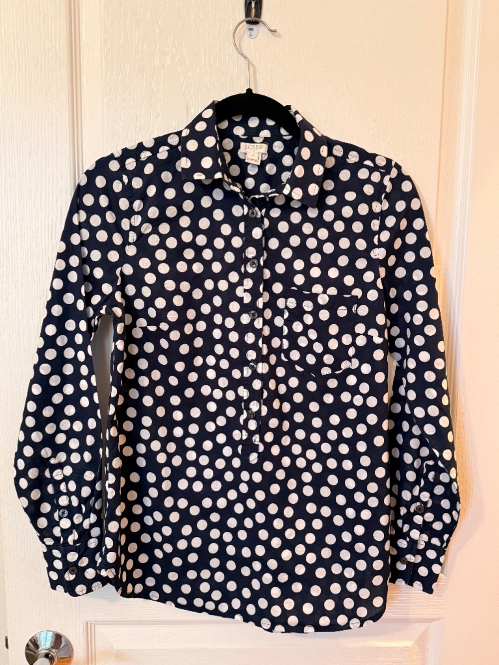J.Crew Factory Popover Shirt Womens XS Navy White Polka Dot Cotton Long Sleeve